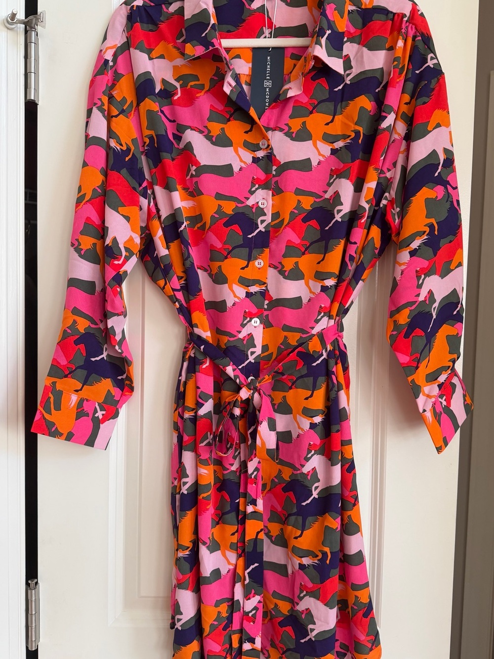 NWT Michelle McDowell Ronan Mane Event Multi Equestrian Shirt Dress Size XL Tie